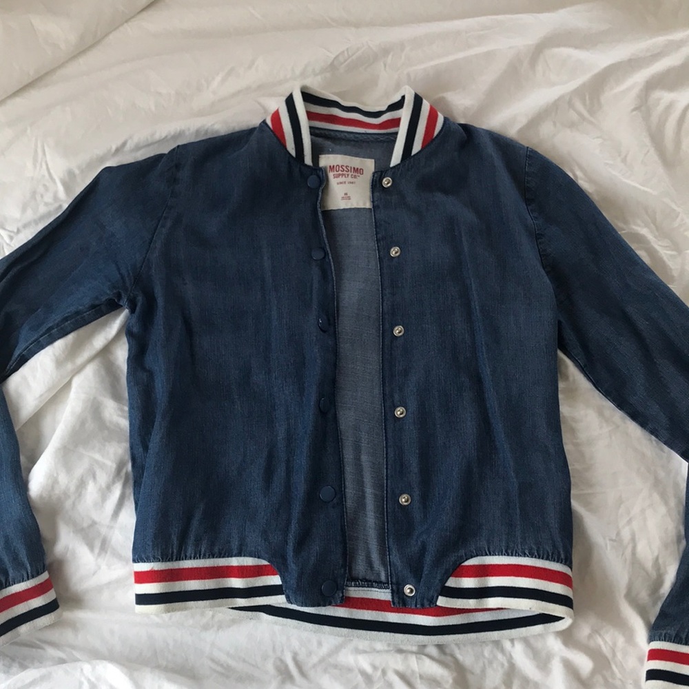 Jean jacket- red, white, blue sleeves